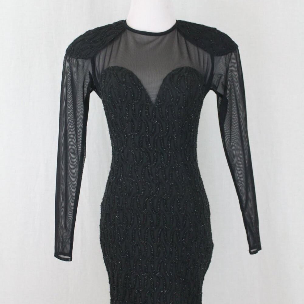 Susan Roselli Vijack Vintage Black Corded Metallic Lace Illusion Cocktail Dress - Picture 3 of 10